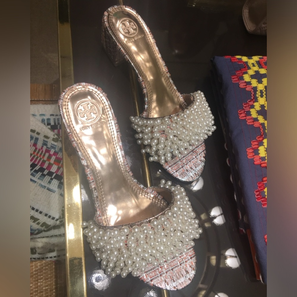 Tory Burch Tatiana Embellished Tweed Pearl Sandals - Size 8M - Heel 2.56”